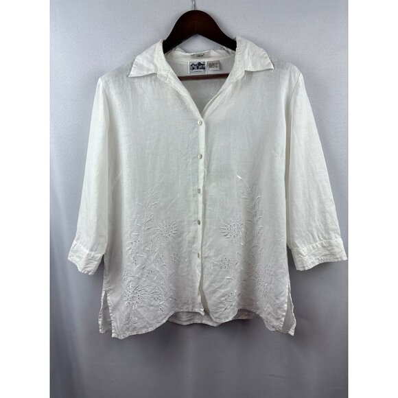 Women’s Edward XL Irish Linen Shell Button Up White Floral Embroidery 3 Quarter - Picture 1 of 5